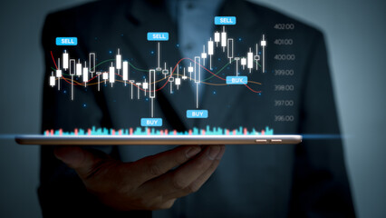 Businessman Analyzing Stock Market Graph for Financial Success and Investment Strategy. Concept of Corporate Business and Growth