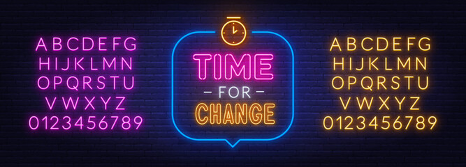 Naklejka premium Time For Change neon sign in the speech bubble on brick wall background. Pink and yellow neon alphabets.