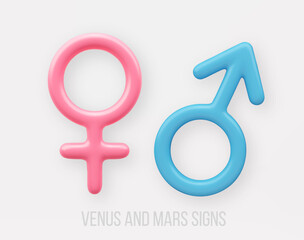 3D Signs Male or Mars, Female or Venus light background. Blue and Pink Gender Symbols.
