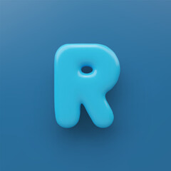 3D Blue uppercase letter R with a glossy surface on a blue background .