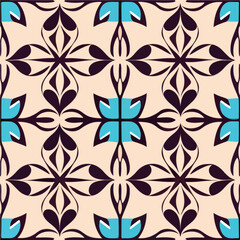 Against a beige backdrop, a captivating blue and black pattern emerges, combining art nouveau and art deco influences in a seamless design.