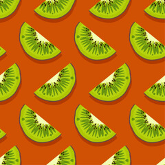 Kiwi fruit seamless pattern. Silced Fresh juicy green fruits.Trendy bright design exotic fruits on orange background. Vector illustration for wallpapers,textile, web, app, print, case, wrapping paper