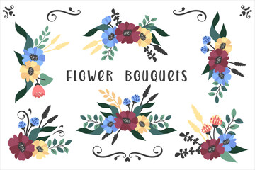 Set of floral elegant bouguets. Hand draw floristic templates with bunch of wildflowers, blooming wreath, foliage, leaves. Vector flat illustration for invitation, cards, beauty industry, textile