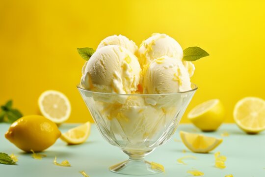 Close up on lemon ice cream balls in glass bowl on a table generative ai