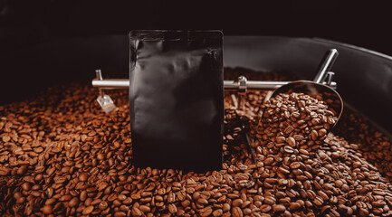 Mockup pouch premium black bag package for fresh roast coffee beans