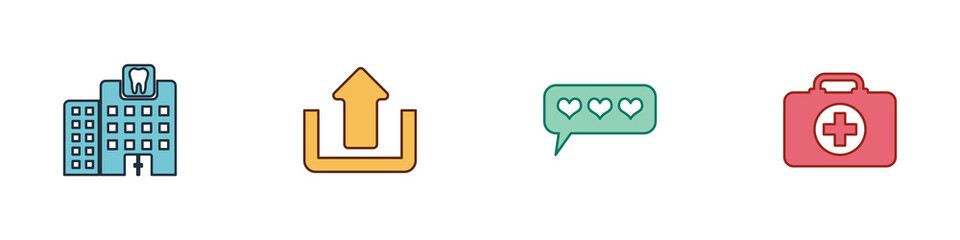 Set Dental clinic, Upload, Like and heart and First aid kit icon. Vector