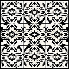 Sophisticated black and white damask pattern against a white background, reminiscent of art nouveau floor patterns, featuring a captivating dark flower motif that repeats beautifully as a fabric.