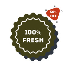 100 percent fresh label. Sale offer price sign set. Discount 50 percent