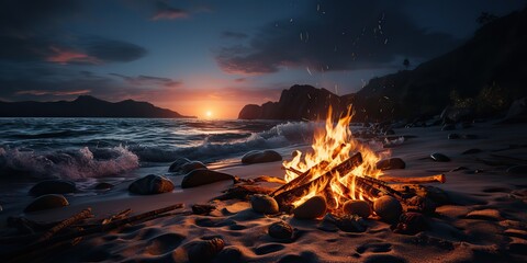 AI Generated. AI Generative. Sunset evening night bonfire campfire fire wood at sea ocean coast beach sand. Adventure vacation trip camping vibe. Graphic Art