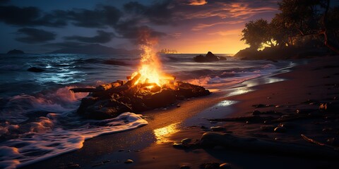 AI Generated. AI Generative. Sunset evening night bonfire campfire fire wood at sea ocean coast beach sand. Adventure vacation trip camping vibe. Graphic Art