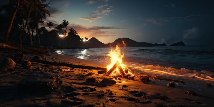 AI Generated. AI Generative. Sunset evening night bonfire campfire fire wood at sea ocean coast beach sand. Adventure vacation trip camping vibe. Graphic Art