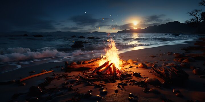 AI Generated. AI Generative. Sunset evening night bonfire campfire fire wood at sea ocean coast beach sand. Adventure vacation trip camping vibe. Graphic Art