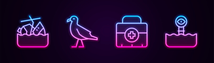 Set line Sinking cruise ship, Bird seagull, First aid kit and Periscope. Glowing neon icon. Vector