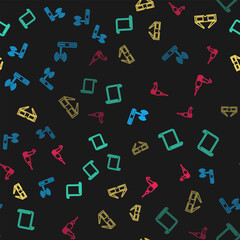 Set line Router and wi-fi, Paper scroll, 3D cinema glasses and Drill machine on seamless pattern. Vector