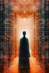 Mystical futuristic cyberpunk torii gate goddess, covered in mesmerizing digital binary barcode dot matrix data flow cyberdelic digitalcore generative art patterns