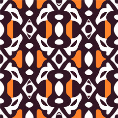 On a black background, a vibrant orange and white pattern reminiscent of West African mask patterns emerges. The art deco inspired design repeats, forming an eye catching fabric pattern.