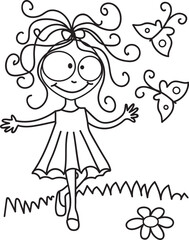 Happy, smiling, positive character girl - outline, stock illustration