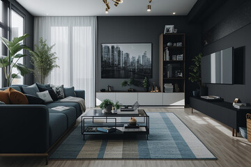 Charcoal And white color Modern interior design of living room. Get inspired for your living room!