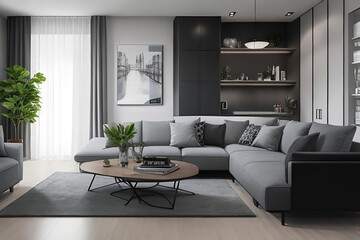 Charcoal And white color Modern interior design of living room. Get inspired for your living room!