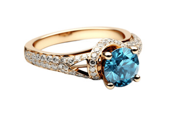 Golden Blue Diamond Engagement Ring Isolated on Transparent Background, Generative AI