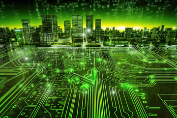 Fototapeta na wymiar Smart green city on circuit board background. Futuristic cyberspace concept. Generated AI