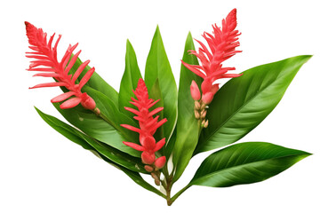 Green Leaves with Red Flower of Red Ginger Alpinia. Generative AI