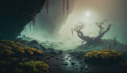 Obraz na płótnie Canvas Misty alien world with exotic plants and dim greenish sunlight. Extraterrestrial landscape. Digital illustration.