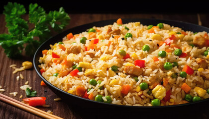 Delicious Chinese dish fried rice with fresh vegetables. Healthy eating and vibrant flavors captured in a studio shot. Healthy and delicious dish. Generative AI