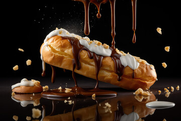 Close-up of a falling delicious French vanilla eclair with pouring liquid chocolate on a dark background. Sweet eclair with cream. Generative AI 3d render illustration imitation.