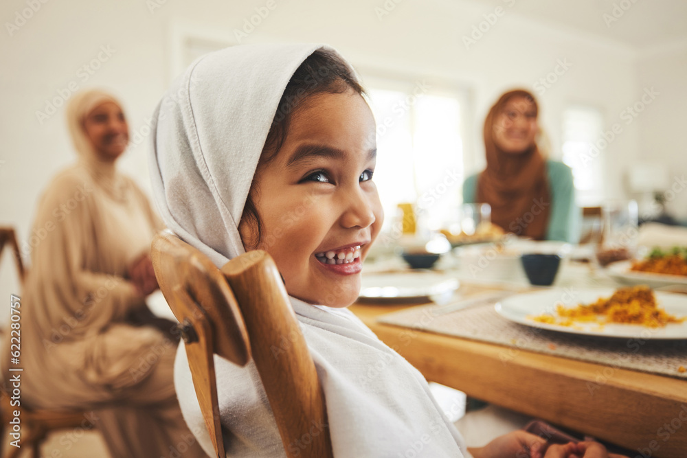 Poster Food, muslim and child with big family at table for eid mubarak, Islamic celebration and lunch. Ramadan festival, culture and iftar with people eating at home for fasting, islam and religion holiday