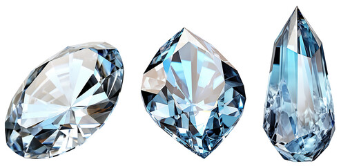 A set of blue, clear, natural, faceted crystals. Faceted diamond. Glass stones. Isolated on transparent background. KI.