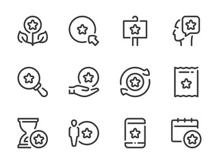 Fototapeta premium Reward star and Bonus points vector line icons. Special offer and Loyalty program outline icon set. Membership system, Collect coins, Benefit, Gift bonus offer and more.