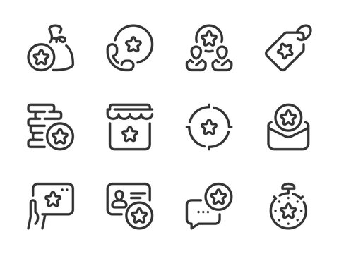 Loyalty program and Bonus points vector line icons. Collect coins and  Reward star outline icon set. Membership system, Benefit, Special, Gift bonus offer and more.