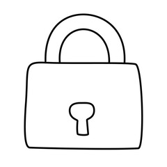 Doodle Padlock icon or logo, hand drawn with thin black line. Png clipart isolated on transparent background