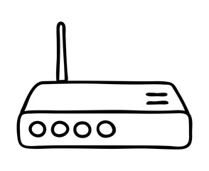 Doodle modem router icon or logo, hand drawn with thin black line. Png clipart isolated on transparent background