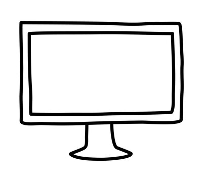 Doodle computer screen icon or logo, hand drawn with thin black line. Png clipart isolated on transparent background