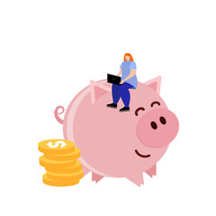 Woman and big piggy bank, savings concept.