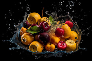different fruits splashing with water on black background
