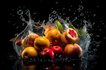 Fototapeta na wymiar fruit splashing in water on the black background