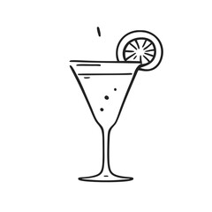 Martini Cocktail with slice of lime. Icon. A slice of lemon with a martini or mojito glass. Cocktail glass, doodle style. Line art.