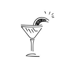 Vector linear Cocktail with slice of lime. Icon. A slice of lemon with a martini or mojito glass. Cocktail glass, doodle style.