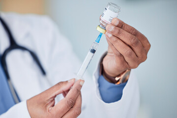 Woman, hands and doctor with syringe in vial for cure, vaccine or medication at hospital. Closeup of female person, medical or healthcare professional with needle, drug or sample for dosage at clinic