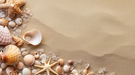 Fototapeta na wymiar Seashells on the sand, Mockup with a sand background and a summer theme, Generative AI