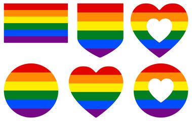Gay Pride Flag in shape set. Traditional symbol for the entire LGBTQ+ community and gay men	