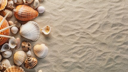 Fototapeta na wymiar Seashells on the sand, Mockup with a sand background and a summer theme, Generative AI
