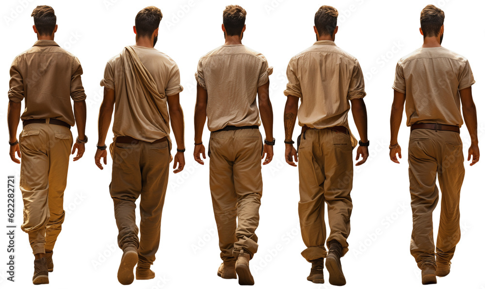 Wall mural five times an illustration of a young walking man in brown clothes, back view on a transparent background, Generative AI