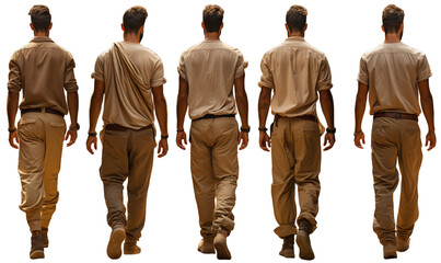 five times an illustration of a young walking man in brown clothes, back view on a transparent background, Generative AI