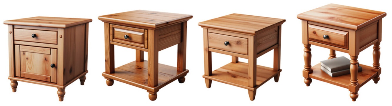 Four light brown wooden bedside tables, on a transparent background, Generative AI