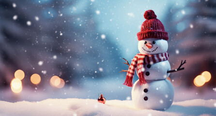 Naklejka na ściany i meble Snowman in Winter Wonderland / Merry Christmas / Cute Red Hat Snowman / Snow – Generative Ai
