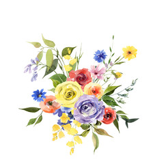 Watercolor spring summer wildflowers bouquet, Colorful floral composition